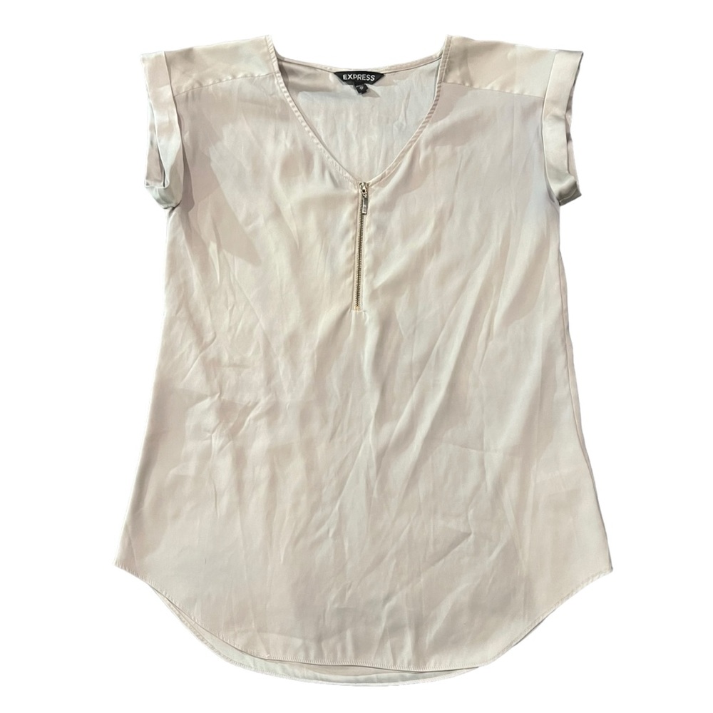 Express Gramercy Shirt Blouse Silky Zipper Front Short Sleeve V-neck - Size XS